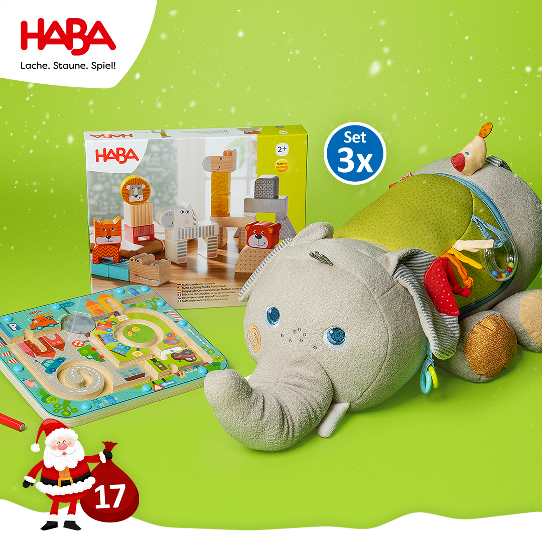 Präsentation Gewinn Türchen 17: HABA Entdeckerpaket (1x Entdeckertier Elefant, 1x Motivbausteine Tierparade, 1x Magnetspiel Stadtlabyrinth)